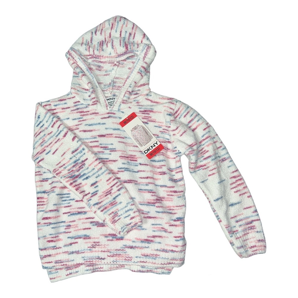 DKNY Chenille Girls' Pullover Sweater with Hood Confetti Pattern